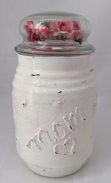Candy Jar for Mom, Glass Lid with Flowers, Hand-painted, Distressed Finish