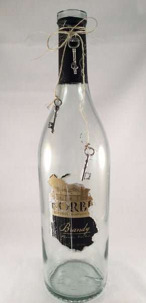 Wine Bottle Vase, Clear Glass, Twine with Skeleton Keys