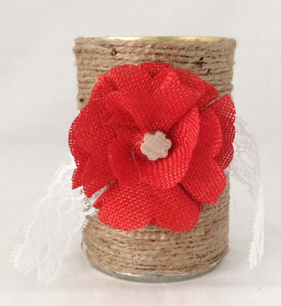 Tin Can Desk Organizer, Hand Wrapped in Jute, Lace with Red Flower