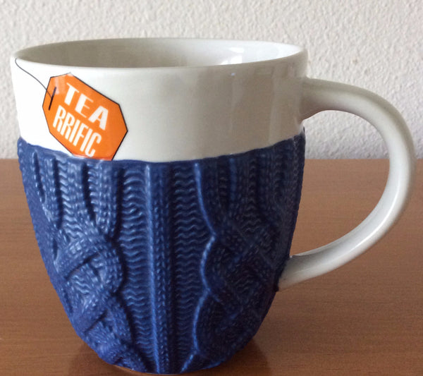 Ceramic Mug With Cable Knit Cup Warmer, White Mug, Navy Blue Cable Knit Warmer