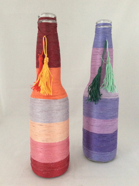 Glass Bottle Vases, Hand wrapped, Colorful Strings, Handmade Tassels
