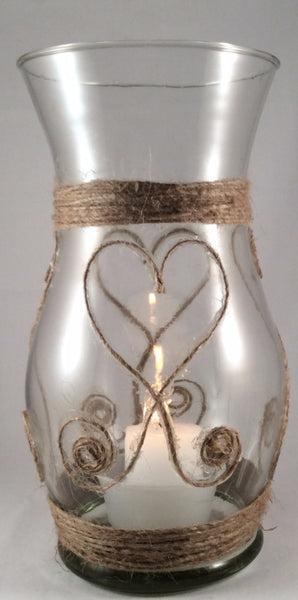 Glass Vase Hand Wrapped with Jute, Glass Candle Holder, Heart Shape Jute Design