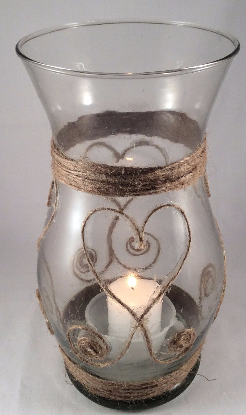 Glass Vase Hand Wrapped with Jute, Glass Candle Holder, Heart Shape Jute Design