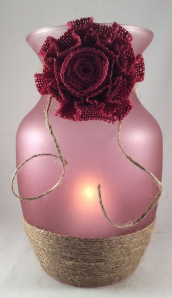 Glass Vase Candle Holder, Frosted Pink Vase with Jute and Burlap Bow