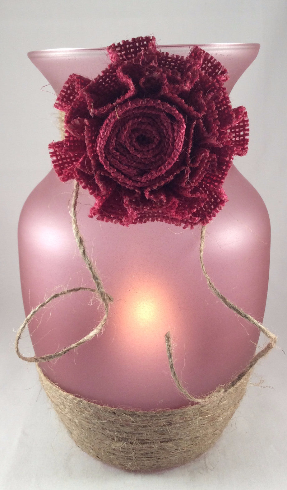 Glass Vase Candle Holder, Frosted Pink Vase with Jute and Burlap Bow