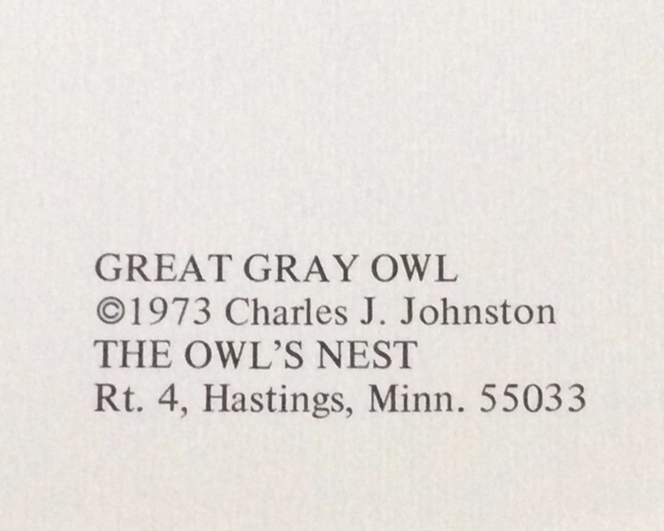 Great Gray Owl by Charles J. Johnson, Vintage Notecard 1973, The Owl's Nest
