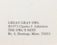 Great Gray Owl by Charles J. Johnson, Vintage Notecard 1973, The Owl's Nest