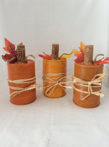 Tin Can Pumpkins, Fall Decor, Tabletop Tin Can Pumpkins with Wine Cork and Raffia, Set of 3