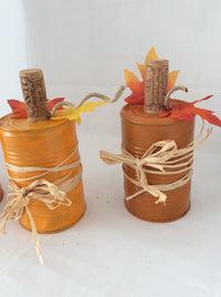 Tin Can Pumpkins, Fall Decor, Tabletop Tin Can Pumpkins with Wine Cork and Raffia, Set of 3