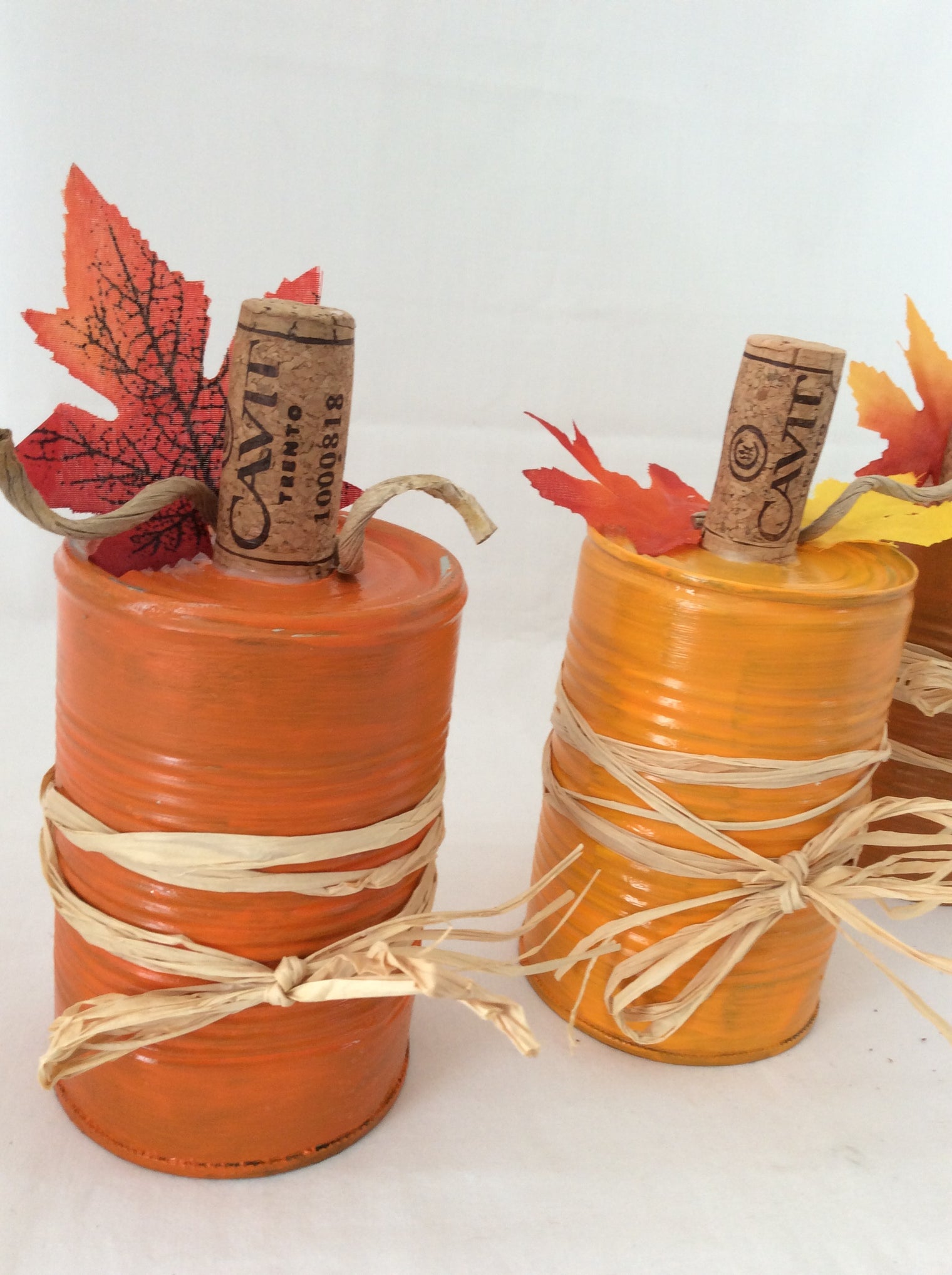 Tin Can Pumpkins, Fall Decor, Tabletop Tin Can Pumpkins with Wine Cork and Raffia, Set of 3