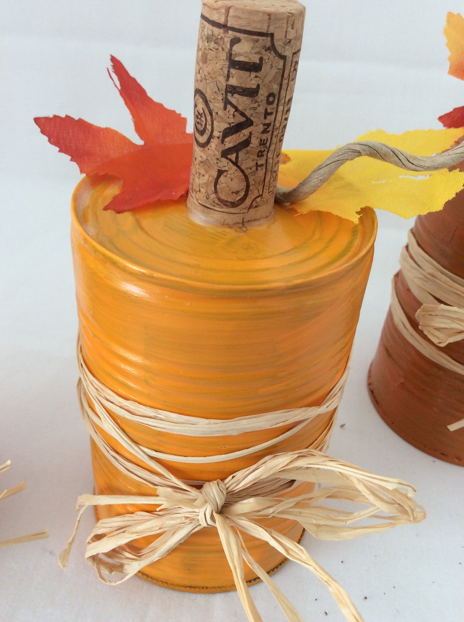 Tin Can Pumpkins, Fall Decor, Tabletop Tin Can Pumpkins with Wine Cork and Raffia, Set of 3