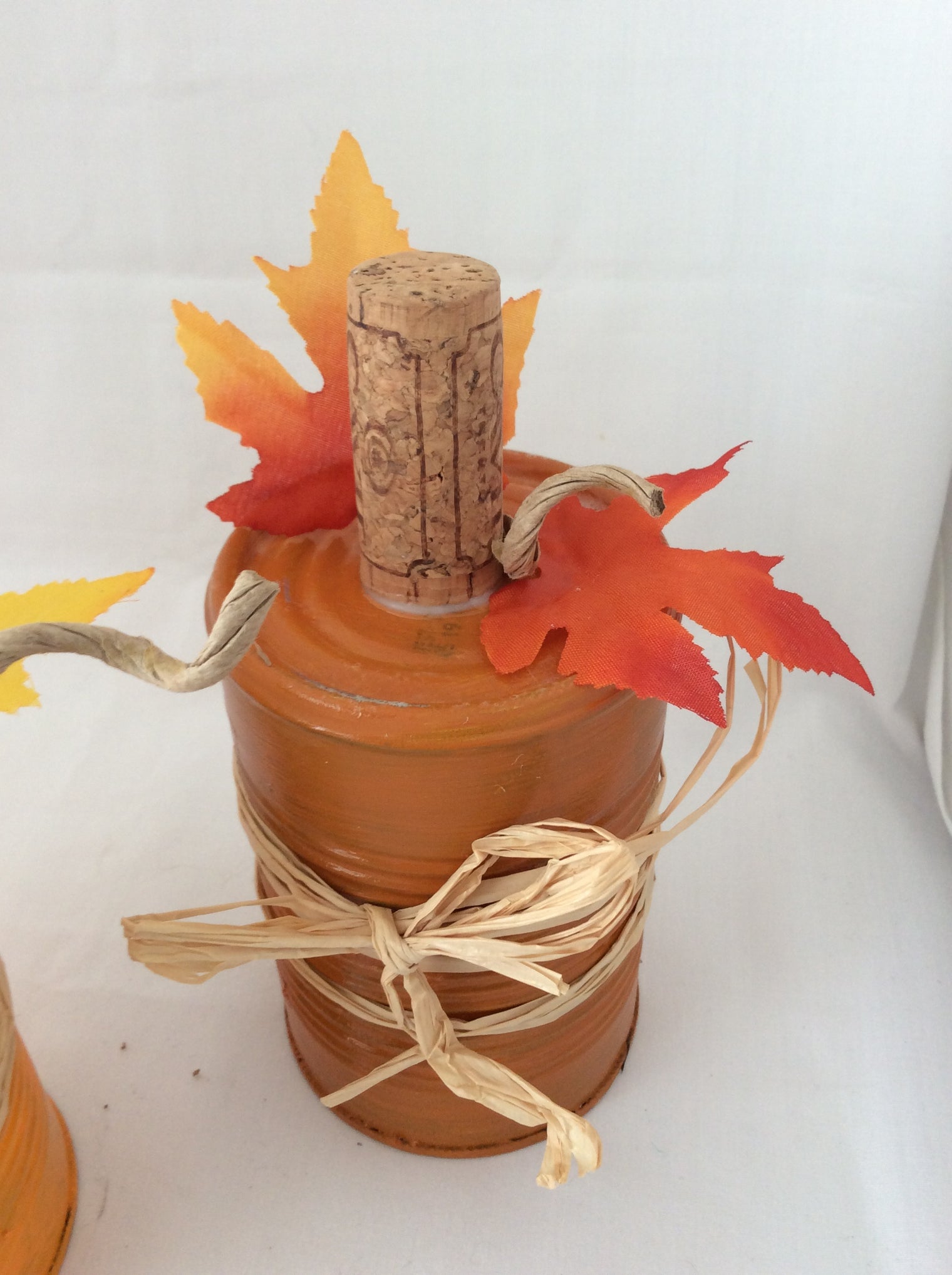 Tin Can Pumpkins, Fall Decor, Tabletop Tin Can Pumpkins with Wine Cork and Raffia, Set of 3