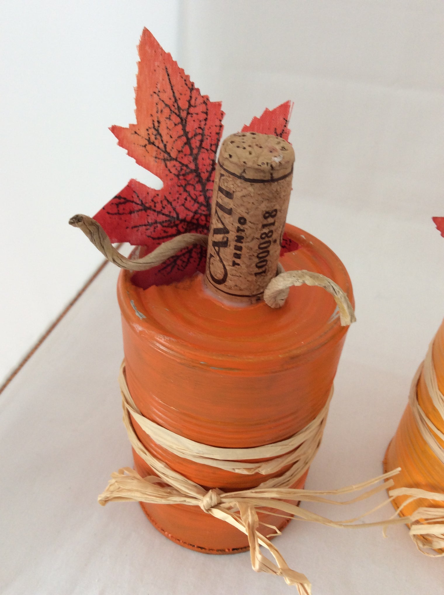 Tin Can Pumpkins, Fall Decor, Tabletop Tin Can Pumpkins with Wine Cork and Raffia, Set of 3
