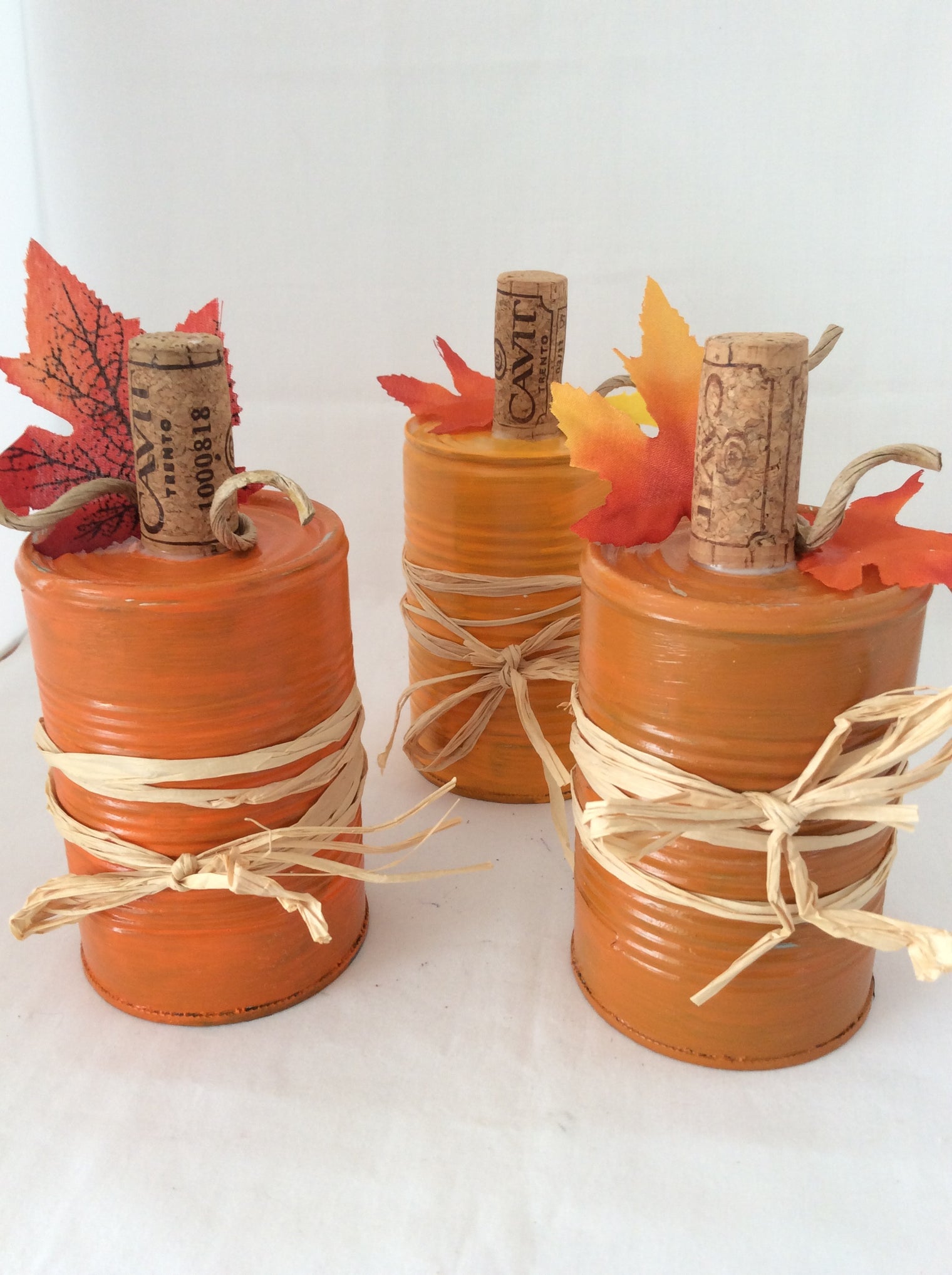 Tin Can Pumpkins, Fall Decor, Tabletop Tin Can Pumpkins with Wine Cork and Raffia, Set of 3