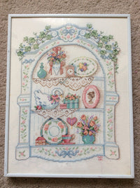 Cross Stitch Framed Art, Victorian Shelf Cross Stitch Art, Cross Stitched Doilies