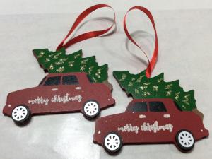 Christmas Ornament Red Car with Christmas Tree Set of 2