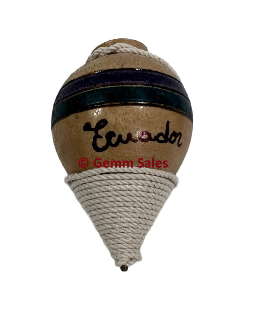 Authentic Ecuador Wood Spinning Top with Metal Tip (Trompo) w/ Blueish Purple and Green Blue Line