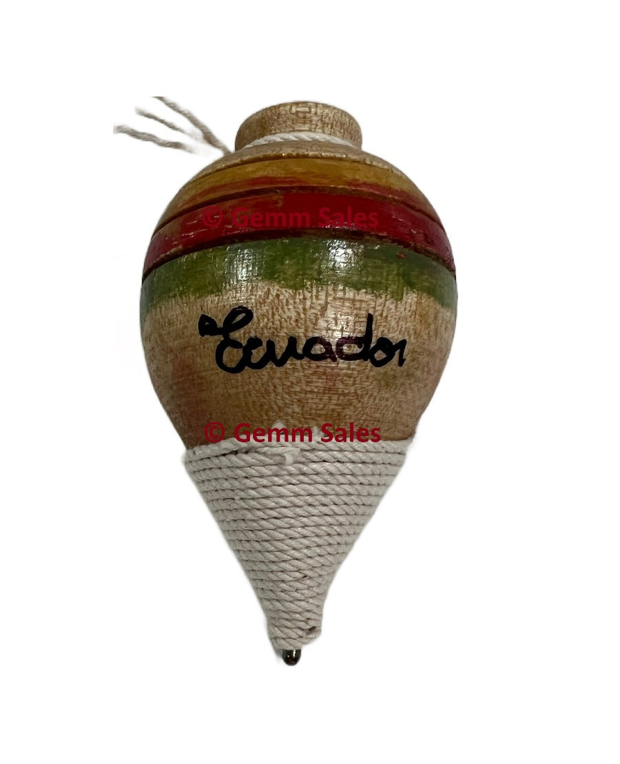 Authentic Ecuador Wood Spinning Top with Metal Tip (Trompo) w/ Yellow, Red and Green Line