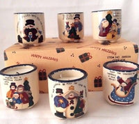 Christmas Candle Small Crock Set, Hand Painted Christmas Snowman, Set of 6