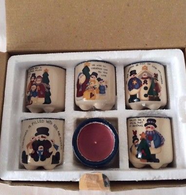 Christmas Candle Small Crock Set, Hand Painted Christmas Snowman, Set of 6