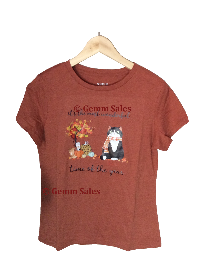 Fall Cat Graphic Womans Tee - Rust Brown