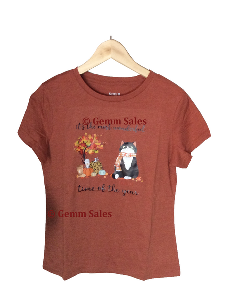 Fall Cat Graphic Womans Tee - Rust Brown