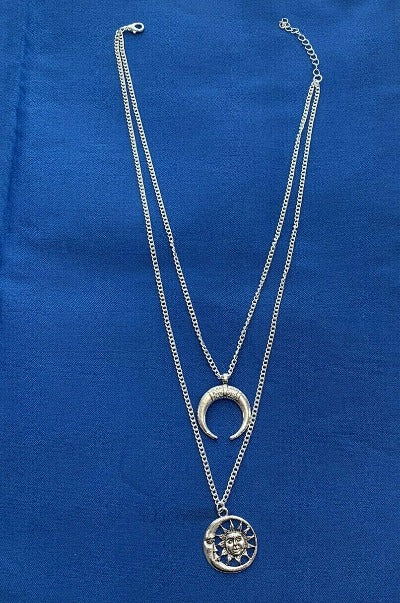 Moon & Sun Layered Chain Necklace Silver