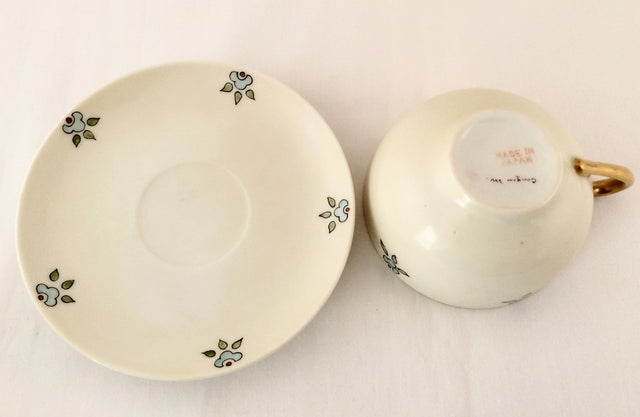 Tea Cup And Saucer - Hand Painted White with Blue Flowers