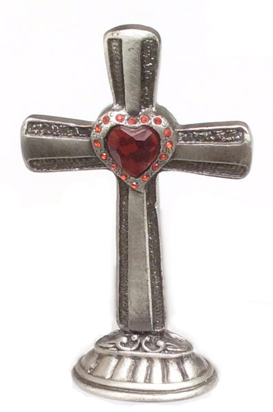 Standing Metal Cross with Ruby Red Heart