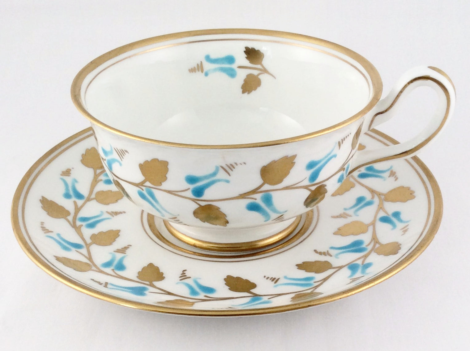 New Chelsea Staffs Cup And Saucer - Aqua Enamel Gold Leaves