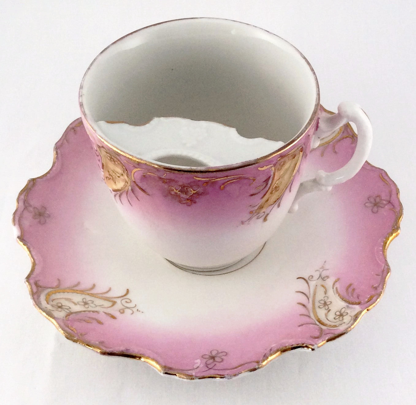 Tea Cup And Saucer - Hand Painted in Soft Pink with Gold Accents