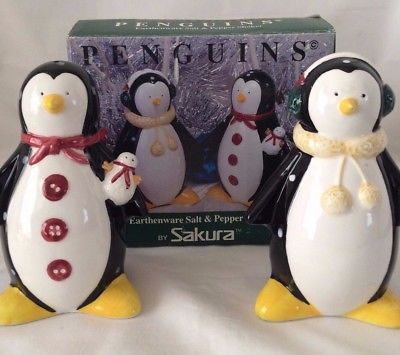 Snowman Salt & Pepper Shakers Earthenware, 1998 Sakura Inc., Debbie Mumm 1998