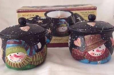 Susan Winget Crock Candles, Set of 2, Hand Painted, Christmas Snowman