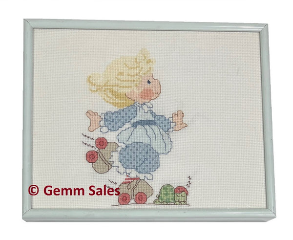 Precious Moments Vintage Cross Stich Finished Piece Girl on Skates Framed (1995)