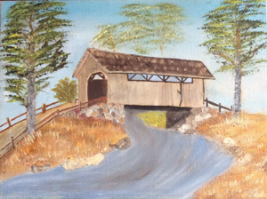 Vintage 1993 Covered Bridge Oil Canvas Painting 9" x 12"