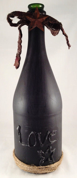 Wine Bottle Vase, Primitive Decor Vase, Hand Crafted Words Faith, Hope & Love, Distressed Finish