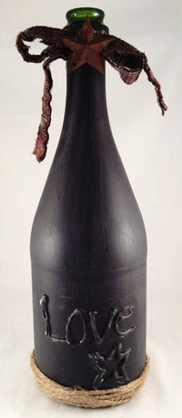 Wine Bottle Vase, Primitive Decor Vase, Hand Crafted Words Faith, Hope & Love, Distressed Finish