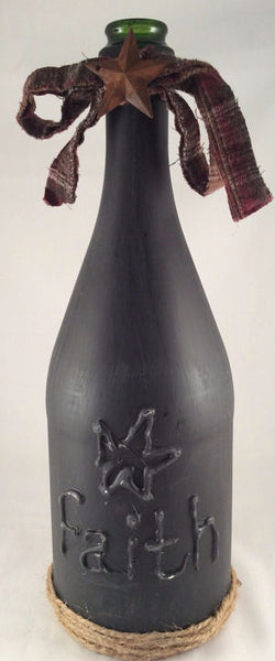 Wine Bottle Vase, Primitive Decor Vase, Hand Crafted Words Faith, Hope & Love, Distressed Finish