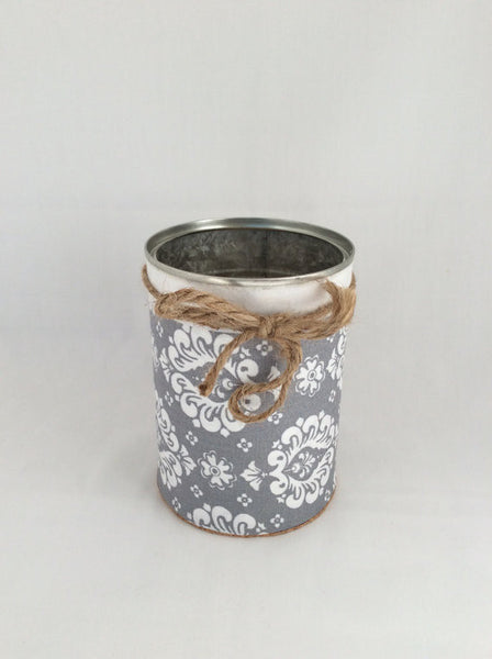 Desk Organizer, Tin Cans Hand Wrapped in Decorative Fabric and Twine