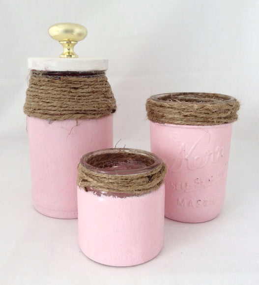 Vanity Organizer, Glass Bottles Set of 3 Pink Mason Jars, Shaby Chic