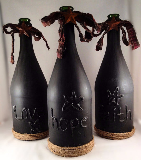 Wine Bottle Vase, Primitive Decor Vase, Hand Crafted Words Faith, Hope & Love, Distressed Finish