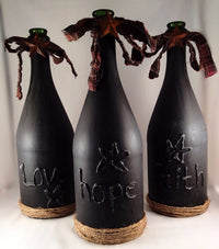 Wine Bottle Vase, Primitive Decor Vase, Hand Crafted Words Faith, Hope & Love, Distressed Finish