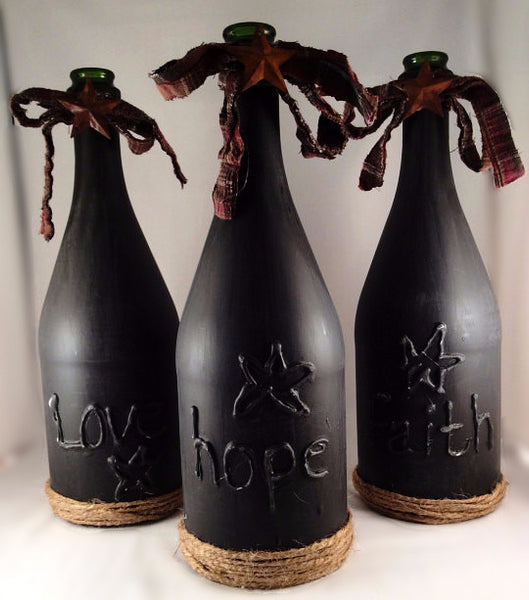 Wine Bottle Vase, Primitive Decor Vase, Hand Crafted Words Faith, Hope & Love, Distressed Finish