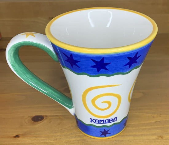 Kamora Ceramic Mug Yellow Spiral Swirl, Blue and Yellow Stars