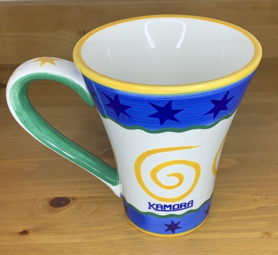 Kamora Ceramic Mug Yellow Spiral Swirl, Blue and Yellow Stars